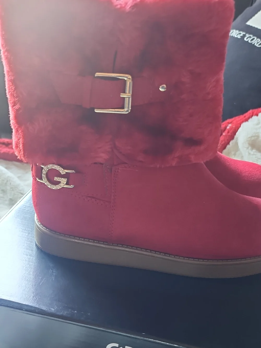 Guess Red Faux-Fur Cuff Winter Ankle Boots